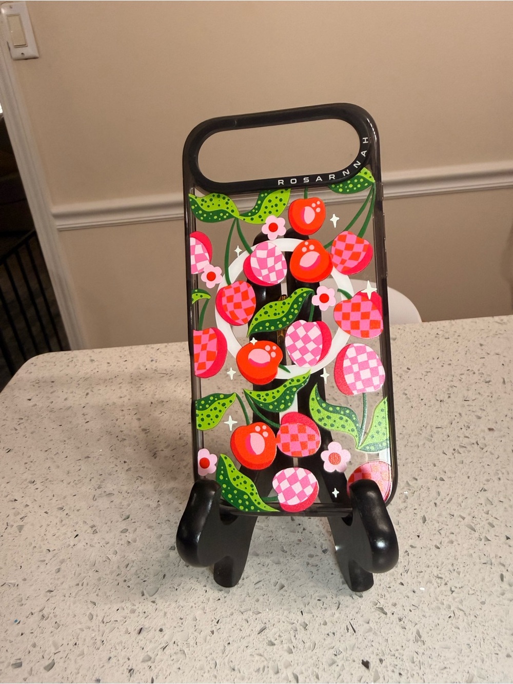 Pink Cherry Pattern Phone Case with Green Leaves
